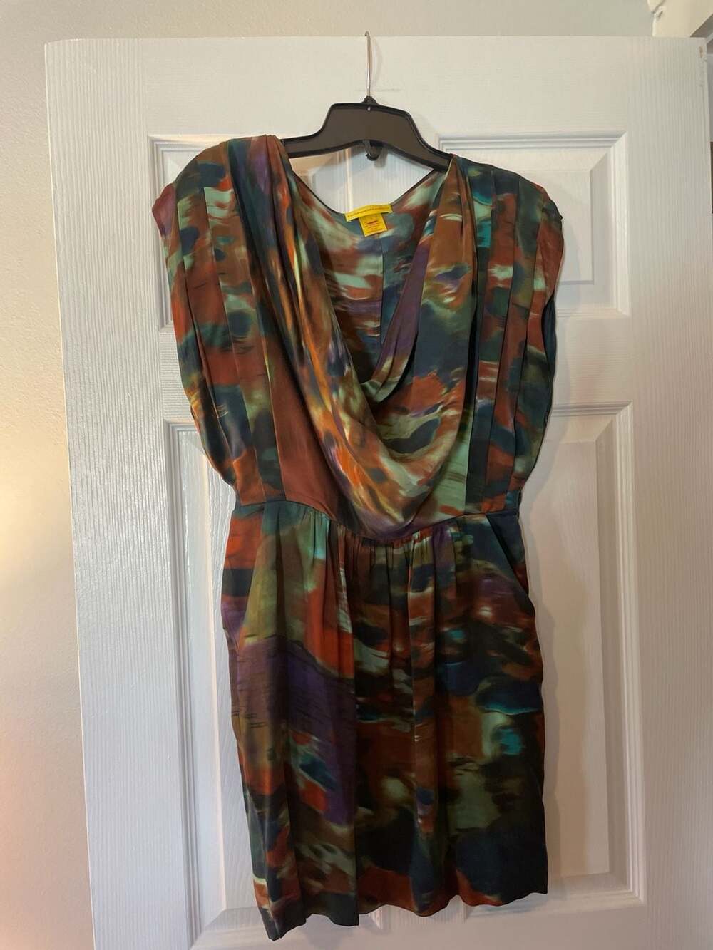 100% Silk Abstract Print Draped Cowl Neck Dress with Pockets size 2